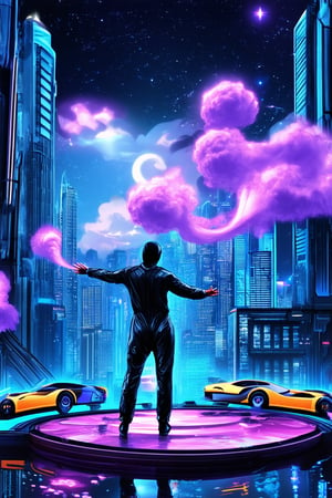 A vibrant dream sequence: a futuristic cityscape with neon-lit skyscrapers and hovering cars, set against a starry night sky. In the foreground, a lone figure in a sleek jumpsuit stands atop a floating platform, arms outstretched as if embracing the ethereal landscape. Soft focus clouds of purple smoke swirl around them, illuminated by shafts of blue light.