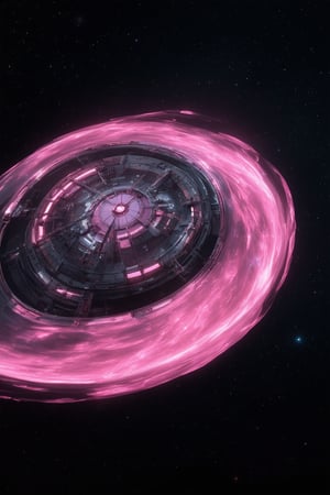 A futuristic 3D pink space station floats serenely in a starry blackness, its iridescent hull glistening like a rose petal. Soft pink glow emanates from within, casting an otherworldly light on the cosmic backdrop. A delicate latticework of crystalline structures crisscrosses the exterior, refracting and amplifying the radiant hues. The camera pans across the curved surface, capturing the intricate details and swirling energy.