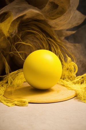 A vibrant still life scene featuring a basic yellow color model. The frame captures a shallow depth of field, with the bright yellow sphere and cone sharply in focus against a soft, blurred background. Warm lighting illuminates the subjects from above, casting a subtle glow on the surrounding surface. The composition is centered around the yellow forms, which sit atop a rustic wooden base, creating a visually appealing harmony of shape, texture, and color.