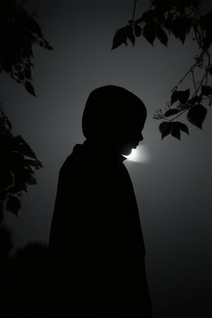 Silhouetted against a velvety black night sky, a mysterious figure stands in the shadows, their features obscured by the darkness. The only light comes from a distant streetlamp, casting an eerie glow on the subject's profile and the surrounding foliage. The composition is stark, with the subject centered in the frame, surrounded by an abyss of darkness.