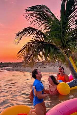 A warm sun-kissed afternoon on a sandy beach, with lush green palm trees swaying gently in the breeze. A group of friends laughing and playing in the shallow waters, surrounded by colorful inflatables. Vibrant pink and orange hues of the sunset casting a cozy glow over the scene.