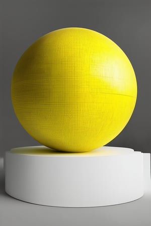 A vivid depiction of a basic yellow color model: A bright, sunny yellow sphere sits atop a minimalist white pedestal in a well-lit studio setting. The background is a clean, flat gray that provides a subtle contrast to the warm hue of the sphere. Soft, gentle lighting from above highlights the delicate curves and texture of the object.