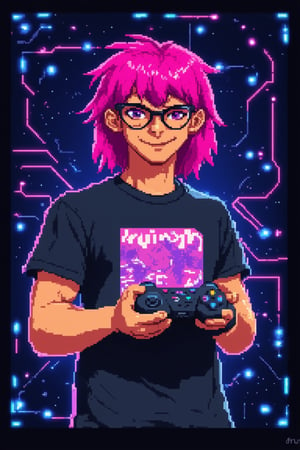 A whimsical illustration depicts a bespectacled gamer character surrounded by neon-lit pixel art, wearing a controller-printed t-shirt and holding a gaming console. Framed against a dark blue background with glowing circuitry patterns, the subject's bright pink hair and bold facial expression convey their passion for gaming. Soft focus highlights on the character's eyes and a subtle smile suggest a sense of triumph or accomplishment.