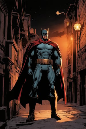 Vintage comic book-inspired artwork featuring a majestic hero standing proudly in a dimly lit alleyway at dusk, with a warm orange glow emanating from nearby streetlights. The hero's cape flows dramatically behind him as he gazes out into the distance, his strong jawline and piercing eyes conveying determination. The cityscape's gritty texture provides an edgy backdrop for this legendary figure.