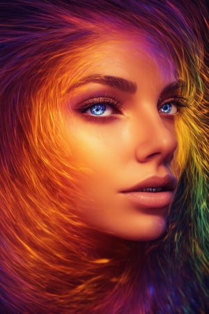 A vibrant 3D portrait featuring a young woman's face, bathed in warm, golden lighting with hints of pink and purple undertones. Her bright blue eyes sparkle like sapphires, surrounded by lush lashes and defined eyebrows. The colorful tone is reminiscent of a sunset, with swirling hues of orange, yellow, and green radiating from her skin. The framing is tight, focusing attention on the subject's expressive features.