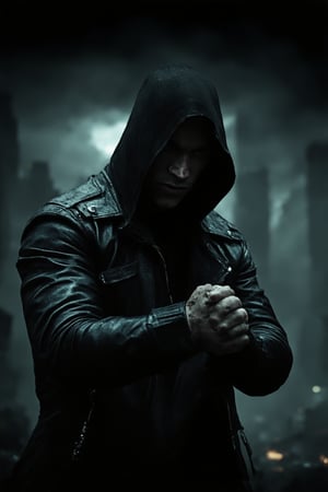 A lone figure emerges from the shadows, a dark hero shrouded in mystery. Against a gritty cityscape at dusk, the protagonist's piercing gaze cuts through the haze of smoke and fog. A black leather jacket glistens with a hint of silver hardware, contrasting with the stark whiteness of a torn collar. Hands clenched into fists, the hero's pose exudes tension, ready to pounce into the fray.