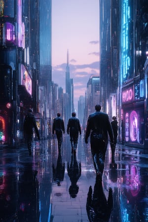 A futuristic cityscape at dusk, with a holo advertisement hovering above the bustling streets of New Eden. The neon-lit skyscrapers reflect off the wet pavement, casting a kaleidoscope of colors across the scene. In the foreground, a group of cybernetically enhanced individuals in sleek black attire walk towards the camera, their eyes gleaming with augmented reality contact lenses.