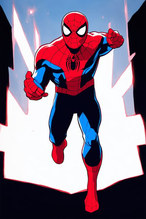 A vibrant and energetic depiction of Marvel's iconic characters in a bright, pop-art style. The framing is bold and graphic, with sharp lines and vibrant colors. Spider-Man stands confidently in the center, his red and blue suit glowing against a stark white background. His pose is dynamic, as if frozen mid-leap. The lighting is bold and exaggerated, with deep shadows adding depth to the composition. The overall mood is playful and energetic, capturing the sense of excitement and adventure that defines Marvel's characters.