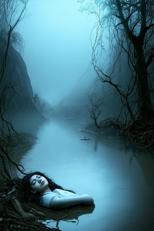 A surreal dreamscape unfolds as a sleeping figure lies on a misty lake shore, surrounded by foggy mountains and eerie trees. The subject's face is contorted in a mix of terror and ecstasy, with tendrils of vines curling around their limbs like ethereal tentacles. Soft, luminescent hues illuminate the scene, casting an otherworldly glow.