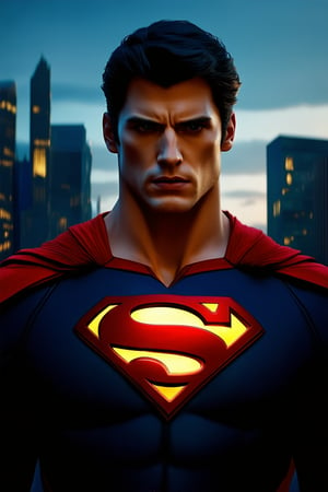 A cinematic close-up on Superman's face, bathed in a warm golden light, as he stands heroically against a dark blue cityscape at dusk. His eyes gleam with determination, his lips set in a firm line. The iconic red and blue suit is illuminated from within, casting an otherworldly glow.