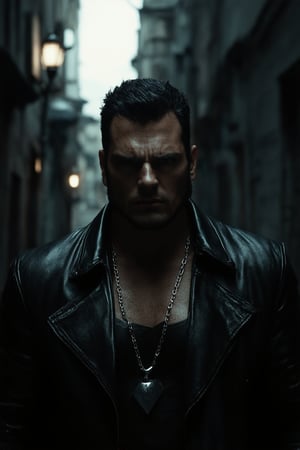 Close-up shot of a brooding dark hero standing in a dimly lit alleyway at dusk. His piercing eyes and chiseled features are illuminated only by the faint glow of streetlights, casting long shadows across his rugged face. A black leather jacket clings to his broad shoulders, and a silver necklace glints ominously around his neck. The air is heavy with tension as he gazes out into the darkness, his presence exuding an aura of mystery and danger.