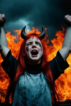 A close-up shot of a young girl with fiery red hair and piercing green eyes, her face smeared with soot and ash, as she lets out a defiant cry, arms raised in triumph amidst a backdrop of hellish flames and darkened skies, the devil's horns glinting ominously on her forehead.