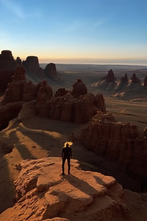 Jerome's rugged terrain stretches towards a hazy horizon, where wispy clouds meet the sky. A lone figure stands atop a rocky outcropping, wind-blown hair rustling in the breeze. Dusty trails weave across the arid landscape as the sun sets behind, casting long shadows. Jerome's iconic rock formations rise from the earth like sentinels.