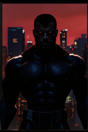 A gritty, dimly-lit cityscape at dusk serves as the backdrop for a brooding dark hero. Framed against the crimson sky, he stands tall, his imposing figure shrouded in shadows. The only light comes from the flickering neon signs, casting an eerie glow on his rugged features. His eyes burn with intensity, a fierce determination etched across his face.