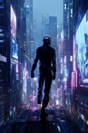 A futuristic cityscape with holographic advertisements hovering above the bustling streets. A lone figure in a sleek black jumpsuit, goggles perched on their forehead, stands atop a skyscraper's edge, grasping a grappling hook as they gaze out at the Holo Dyss skyline. Neon lights and holographic projections dance across the buildings, casting a mesmerizing glow.