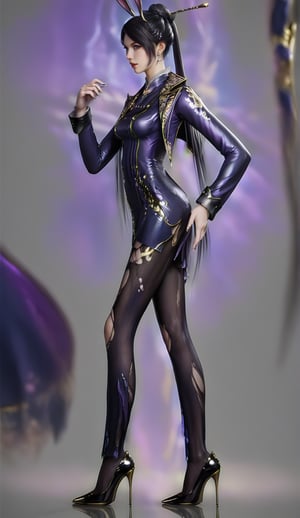 Extremely Realistic, score_6_up, score_7_up, score_8_up, score_9, (zhouyi, bunny hair, hair bun, updo hair, full body shot, long slender legs, torn black pantyhose, high heels, standing, full body in side view direction, facing viewer, black and white outfit with golden patterns and designs,high neckline and long sleeves, long slender legs, torn black pantyhose, high heels, looking at viewer,the overall scheme of the image is predominantly natural mountainous environment,with hints of purple and pink,the image has a dreamy,ethereal quality,with a sense of depth and mystery,)