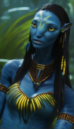 Extremely Realistic, Beautiful na’vi, female, dark blue skin, young, tribal chest jewelry, long straight black hair, gold eyes, ((sexy squatting pose in a jungle river)), ((closeup)), movie scene, freckles, detailed, hdr, high quality, movie still, visible tail, skin detail, ADD MORE DETAIL