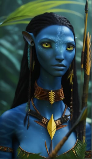 Extremely Realistic, Beautiful na’vi, female, dark blue skin, young, tribal chest jewelry, long straight black hair, gold eyes, ((full body portrait with bow and arrow in a jungle river)), ((closeup)), movie scene, freckles, detailed, hdr, high quality, movie still, visible tail, skin detail, ADD MORE DETAIL