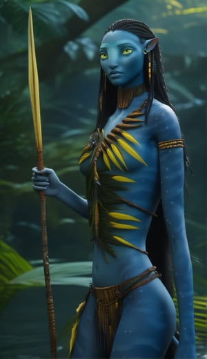 Extremely Realistic, Full Body Portrait of a Beautiful female na’vi, dark blue skin, young, tribal chest jewelry, long straight black hair, gold eyes, hot sexy body, long slim legs, full body portrait, holding a spear, standing ((in a jungle river)), ((closeup)), movie scene, freckles, detailed, hdr, high quality, movie still, visible tail, skin detail, ADD MORE DETAIL