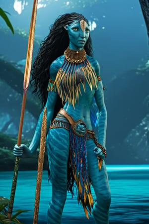 Extremely Realistic, Full Body Portrait of a Beautiful female na’vi, female, dark blue skin, young, tribal chest jewelry, long straight black hair, gold eyes, hot sexy body, long slim legs, full body portrait, holding a spear, standing ((in a jungle river)), ((closeup)), movie scene, freckles, detailed, hdr, high quality, movie still, visible tail, skin detail, ADD MORE DETAIL