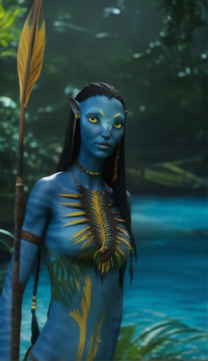 Extremely Realistic, Full Body Portrait of a Beautiful female na’vi, female, dark blue skin, young, tribal chest jewelry, long straight black hair, gold eyes, hot sexy body, long slim legs, full body portrait, holding a spear, standing ((in a jungle river)), ((closeup)), movie scene, freckles, detailed, hdr, high quality, movie still, visible tail, skin detail, ADD MORE DETAIL