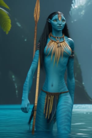 Extremely Realistic, Full Body Portrait of a Beautiful female na’vi, female, dark blue skin, young, tribal chest jewelry, long straight black hair, gold eyes, hot sexy body, long slim legs, full body portrait, holding a spear, standing ((in a jungle river)), ((closeup)), movie scene, freckles, detailed, hdr, high quality, movie still, visible tail, skin detail, ADD MORE DETAIL