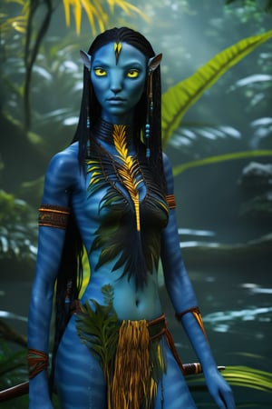 Extremely Realistic, Full Body Portrait of a Beautiful female na’vi, female, dark blue skin, young, tribal chest jewelry, long straight black hair, gold eyes, hot sexy body, long slim legs, full body portrait, holding a spear, standing ((in a jungle river)), ((closeup)), movie scene, freckles, detailed, hdr, high quality, movie still, visible tail, skin detail, ADD MORE DETAIL