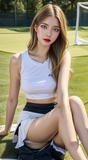 mature sexy Euro-American, mixed American-European girl named lora_claire, blonde long smooth hair, wears high-waisted kpop (((sport half-skirt:1.4))), which is a clothing made up of ((skirt and shorts)), hands on waist, (((sexy spread legs sitting pose))) in a golf court