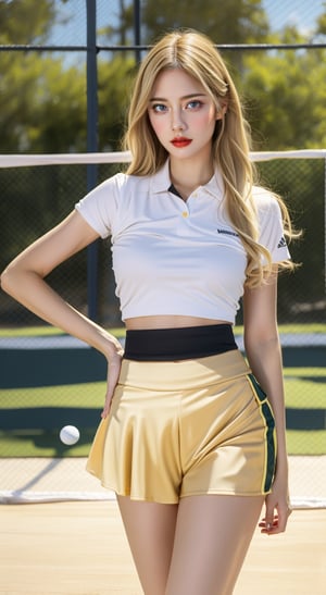 mature sexy Euro-American, mixed American-European girl named lora_claire, blonde long smooth hair, wears high-waisted kpop (((sport skort:1.4))), which is a clothing made up of ((skirt and shorts)), hands on waist, sexy standing pose in a golf court, sexy standing pose