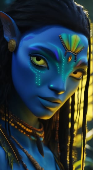 Extremely Realistic, Beautiful na’vi, female, dark blue skin, young, tribal chest jewelry, long straight black hair, gold eyes, ((secret cave, sunset, beach, forest, laboratory, in the water, night, daylight:background)), ((closeup)), movie scene, freckles, detailed, hdr, high quality, movie still, visible tail, skin detail, ADD MORE DETAIL