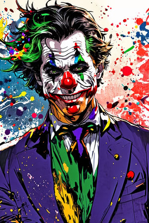 Comic Art Illustration Style,  the joker with colorful paint splatters on his face, solo, looking at viewer, shirt, red eyes, 1boy, male focus, necktie, formal, suit, clown