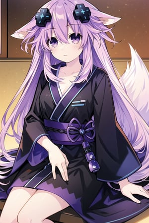 adult neptune,1girl,blush,solo,looking a,mile, long hair,hair ornament, animal ears,sitting,purple eyes, tail, purple hair, japanese clothes, kimono,  animal ear fluff, purple fox ears,purple fox tail, fox girl,d-pad,d-pad hair ornament