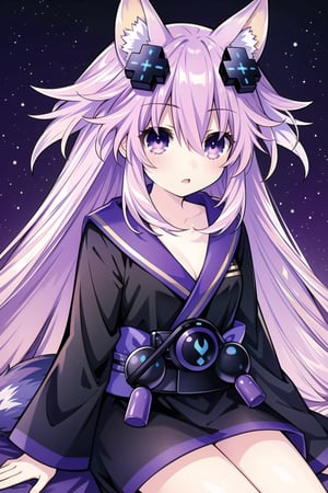 adult neptune,1girl,blush,solo,looking a,mile, long hair,hair ornament, animal ears,sitting,purple eyes, tail, purple hair, japanese clothes, kimono,  animal ear fluff, purple fox ears,purple fox tail, fox girl,d-pad,d-pad hair ornament