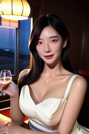 A photo of the face of a pretty 20-year-old Korean woman from the 1970s, wearing a white dress and holding a glass under lighting.--cw100