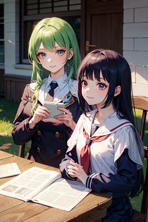 two young girls, one with blue eyes and green hair, the other with red eyes and white hair, each wearing the same school uniform, sitting on a table