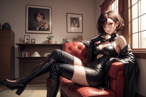  score_9, score_8_up, score_7_up, 1girl, aged 30, a woman, short red hair, brown eyes, average breasts, red Xiah, black boots, black gloves, seductive smile, 
cross-legged sitting, looking at viewer, indoors, japanese room, muted color
