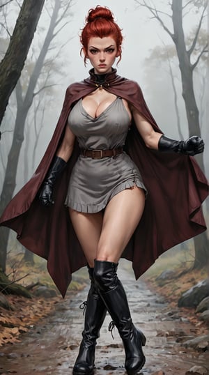  a woman, slim body, Pompadour and Sideburns red hair, brown eyes, large breasts, poncho, black boots, black gloves, neutral face, fighting, outdoors, muted color