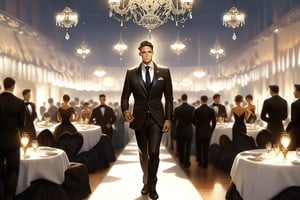 Location: A spacious and luxurious hall lit by dim lights. The decor of the hall reflects an upscale atmosphere, with crystal chandeliers hanging from the ceiling and carefully arranged tables. The background is filled with guests talking and dancing to soft classical music.

Young man:
Full body image showing hands and feet
Age: About 35 years old
Height: Average (about 1.75 meters)
Hair: Dark brown, slightly wavy, and neatly styled back

Face: Rectangular in shape, with sharp blue eyes and symmetrical facial features
Clothing: He wears an elegant black formal suit with a white shirt and a black tie. His shoes are shiny black and reflect his attention to detail.
Expression: His confident appearance is shown with a slight smile as he looks at the girl next to him.

A tall, confident man wearing an elegant black suit enters a luxurious and elegant ballroom. His strong body and intense gaze attract everyone's attention, especially the women, who are mesmerized by his aura. The background shows a lavish party with crystal chandeliers and elegantly dressed guests,Extremely Realistic,better photography