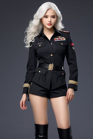 Age: about 24 years old
Height: average (about 1.65 meters)
Skin: white
Hair: long, wavy black, slightly blown by the wind
Eyes: wide, dark brown, sharp and confident
Face: strong features, with a defined jaw and features that suggest strength and courage
Clothing: She wears short, elegant clothes, including a short military shirt and shorts, with high military boots. Around her waist,