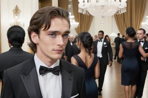 Location: A spacious and luxurious hall lit with soft lights. The decor in the hall reflects an elegant atmosphere, with crystal chandeliers hanging from the ceiling and tables arranged carefully. The background is filled with guests talking and dancing to soft classical music.

Young man:

Age: About 25 years old
Height: Average (about 1.75 meters)
Hair: Dark brown, slightly wavy, and neatly styled back
Face: Rectangular in shape, with sharp blue eyes and symmetrical facial features
Clothing: He wears an elegant black formal suit with a white shirt and a black tie. The shoes are shiny black and reflect his attention to detail.
Expression: His confident appearance is shown with a slight smile as he looks at the girl next to him. 
A tall, confident man in a sleek, black suit enters a grand, luxurious ballroom. His strong physique and intense gaze draw the attention of everyone, especially the women, who are captivated by his aura. The background shows a lavish party with crystal chandeliers and elegantly dressed guests