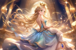 A whimsical scene unfolds as the 23-year-old princess, with her blond locks flowing freely down her back, twirls around her partner in a lavish ballroom. Her oval face aglow with excitement, her large green eyes sparkle like the gems on her golden crown. The light blue dress, adorned with intricate gold details, shimmers under the twinkling lights as she moves in harmony with her partner's gentle guidance.