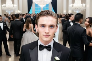 Location: A spacious and luxurious hall lit with soft lights. The decor in the hall reflects an elegant atmosphere, with crystal chandeliers hanging from the ceiling and tables arranged carefully. The background is filled with guests talking and dancing to soft classical music.

Young man:

Age: About 25 years old
Height: Average (about 1.75 meters)
Hair: Dark brown, slightly wavy, and neatly styled back
Face: Rectangular in shape, with sharp blue eyes and symmetrical facial features
Clothing: He wears an elegant black formal suit with a white shirt and a black tie. The shoes are shiny black and reflect his attention to detail.
Expression: His confident appearance is shown with a slight smile as he looks at the girl next to him. 
A tall, confident man in a sleek, black suit enters a grand, luxurious ballroom. His strong physique and intense gaze draw the attention of everyone, especially the women, who are captivated by his aura. The background shows a lavish party with crystal chandeliers and elegantly dressed guests