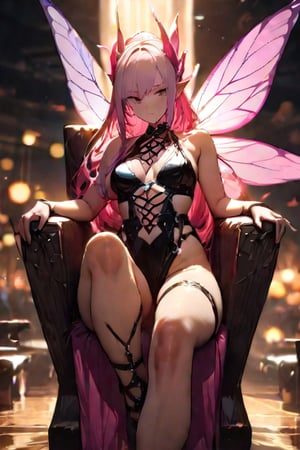 Fairy Goddess sitting on throne. Fairy Goddess has pink hair. Fairy Wings. Dominatrix. (masterpiece, top quality, best quality, official art, beautiful and aesthetic:1.2), (1girl:1.4), portrait, extreme detailed, highest detailed, simple background, 16k, high resolution, perfect dynamic composition, bokeh, (sharp focus:1.2), super wide angle, high angle, high color contrast, medium shot, depth of field, blurry background,,itacstl