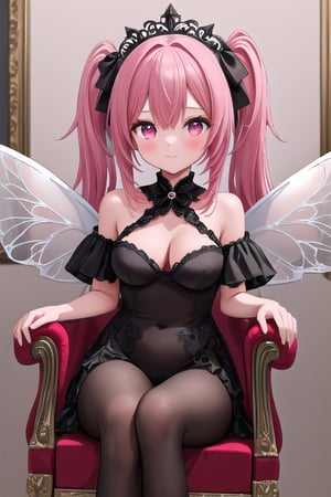 Fairy Goddess sitting on throne. Fairy Goddess has pink hair. Fairy Wings. Dominatrix. (masterpiece, top quality, best quality, official art, beautiful and aesthetic:1.2), (1girl:1.4), portrait, extreme detailed, highest detailed, simple background, 16k, high resolution, perfect dynamic composition, bokeh, (sharp focus:1.2), super wide angle, high angle, high color contrast, medium shot, depth of field, blurry background,,itacstl