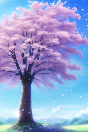 A serene landscape featuring a vibrant, blooming cherry blossom tree (matou sakura) in the foreground, with delicate pink petals gently falling against a clear blue sky. The composition is centered around the tree, with a soft, natural light illuminating the scene, creating a peaceful and picturesque atmosphere.