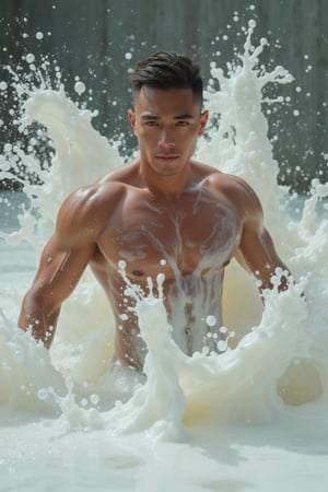 a sexy handsome body builder, liquid suit, surreal milk, milk diffusion, epic composition, splashes, coolant flowing around