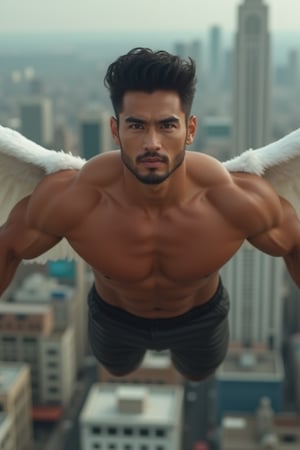 Photorealistic 8k RAW photo of a full-body muscular man with a handsome face and tan skin, sporting short black hair and a clean-shaven face, undercut hairstyle, no beard. He is flying over a city with wings, showcasing dynamic movement and athletic prowess. The image is ultra-detailed with high-resolution clarity, natural lighting, and a focused composition on his powerful pose and the urban backdrop.