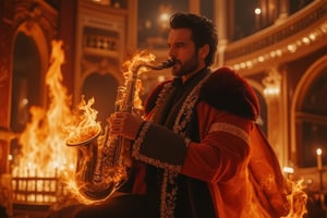 A photorealistic 8k RAW photo capturing a full-body, muscular man with a handsome face and tan skin. He wears a Victorian Inverness cape and plays a saxophone engulfed in flames at the opera house, unfazed by the fire. The scene is a masterpiece, ultra-detailed, with sharp focus on his attire and the intricate flames. High contrast lighting highlights his tan skin and the dramatic setting. Seeds: 1667390288.