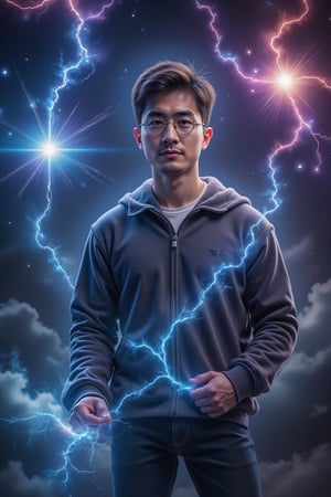 a handsome men, uniform of the Hogwarts School. glasses, holds his Magic Wand, surrounded by flashing blue electricity that crackles with energy, full body. Starry Sky,Beautiful stars,Galaxy,nebula,Big Star,magical sky. Ultra-detailed, masterpiece, 8k photorealistic, RAW photo.