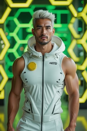 Photorealistic 8k RAW photo of a full-body muscular man with a handsome face and tan skin, sporting short white hair and a clean-shaven face, undercut hairstyle, no beard. He is wearing a white rubber jumpsuit in a cyberpunk style, set against a background filled with green and yellow hexagons, featuring a futuristic sci-fi aesthetic. The image is ultra-detailed with high-resolution clarity, natural lighting, and a focused composition on his stylish attire and the vibrant, futuristic backdrop.